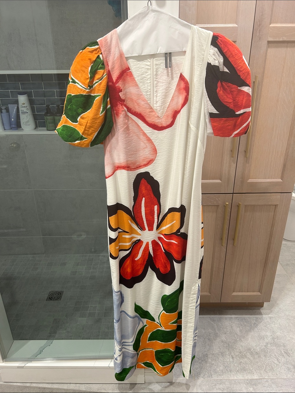 Anthropologie White Maxi Dress with Red, Orange, Green & Black Floral Print